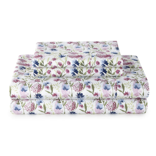 4-Piece 300 Thread Count Bashful Blooms Cool Cotton Sateen Bed Sheet Set, Queen